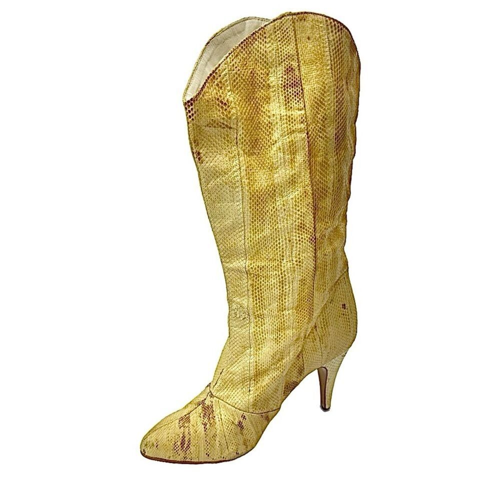 Wild Pair Women’s Beige Snakeskin Leather Mid-Calf Boots Size 7B Cone Heel - Picture 4 of 10